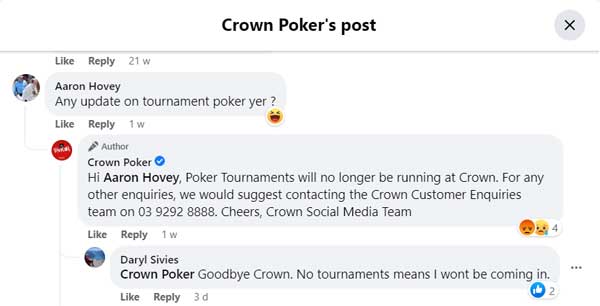 Crown Poker responds to poker tournament query on facebook